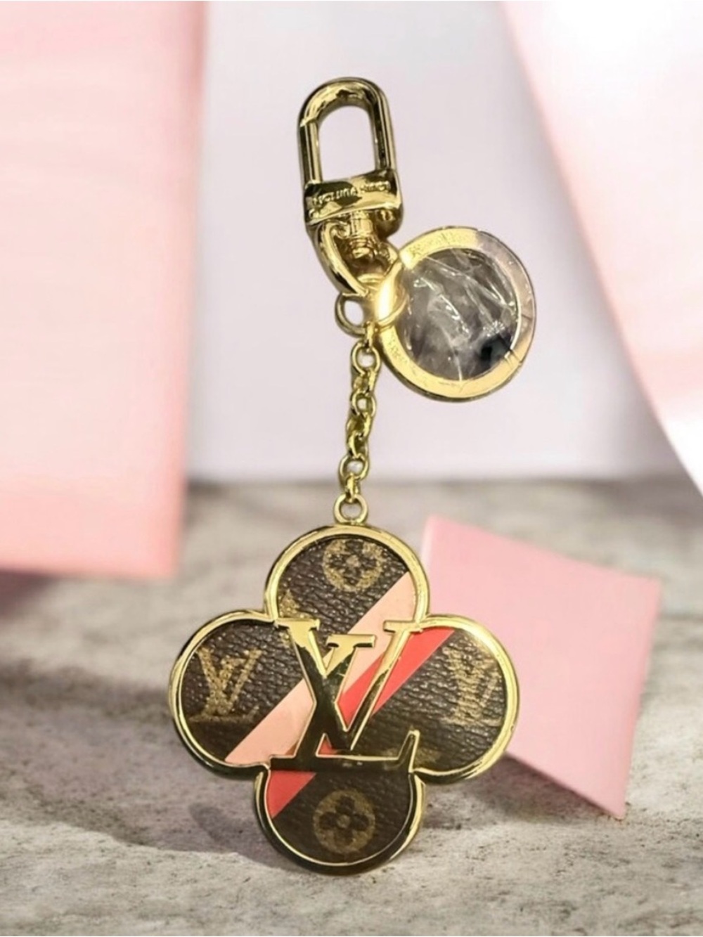 Louis Vuitton Brown Monogram Flower Key Charm w/ Pink & Red Accent CUTE!!